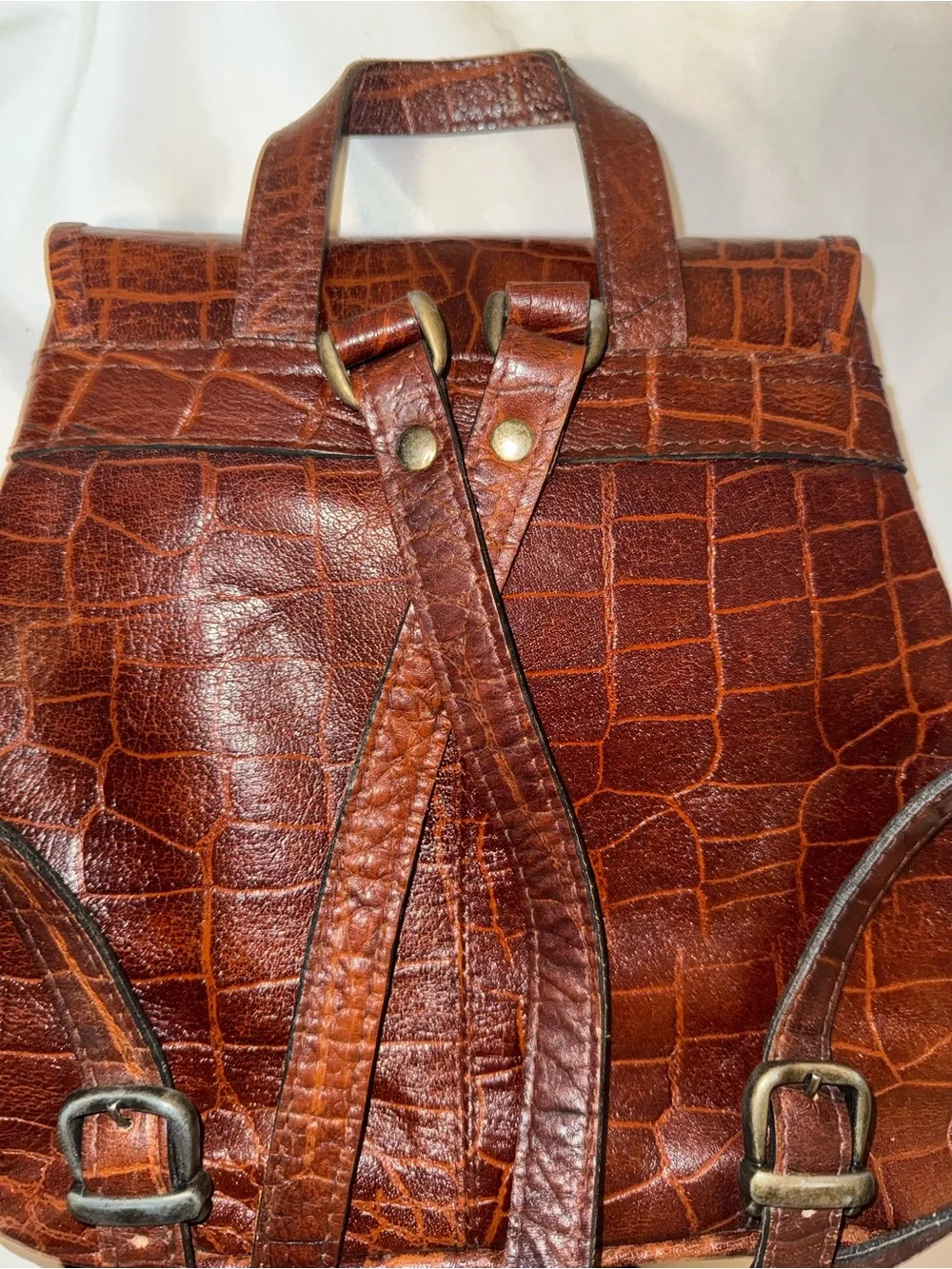 Studio Angelino 90s Vintage Brown Croc-Embossed Leather Backpack Purse
